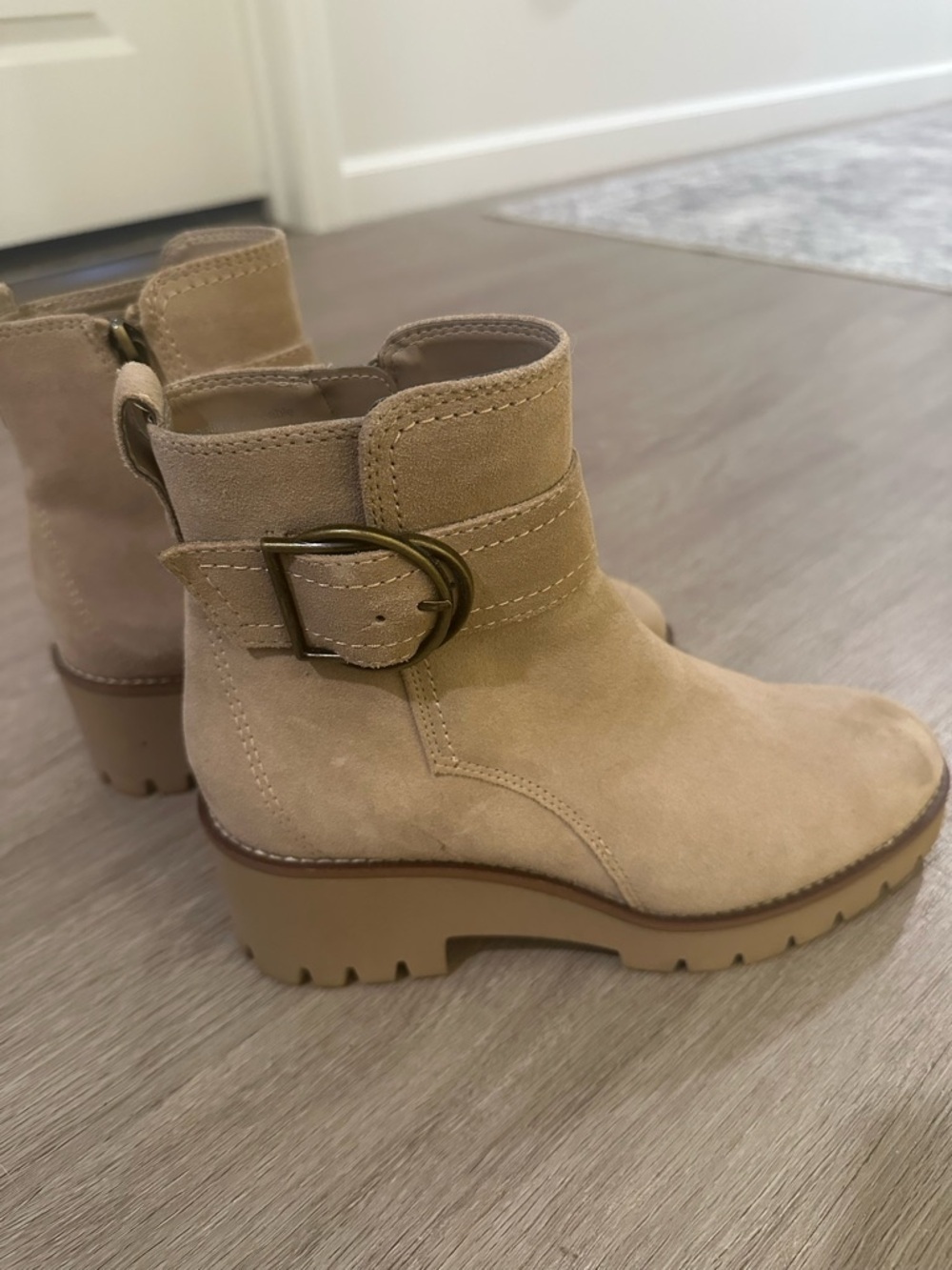 Blondo Beige Suede Buckle Ankle Booties - Picture 2 of 8